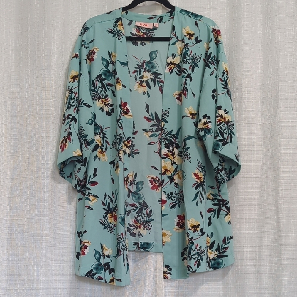 Evri Open Kimono Jacket 1X Green Boho Floral Cottagecore  Women's Eclectic